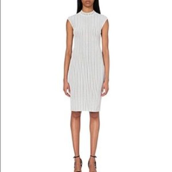 Reiss Vienna Jersey Knit Mock Sleeveless  White & Black Stripe Dress Sz 8 - NWOT - Picture 1 of 10